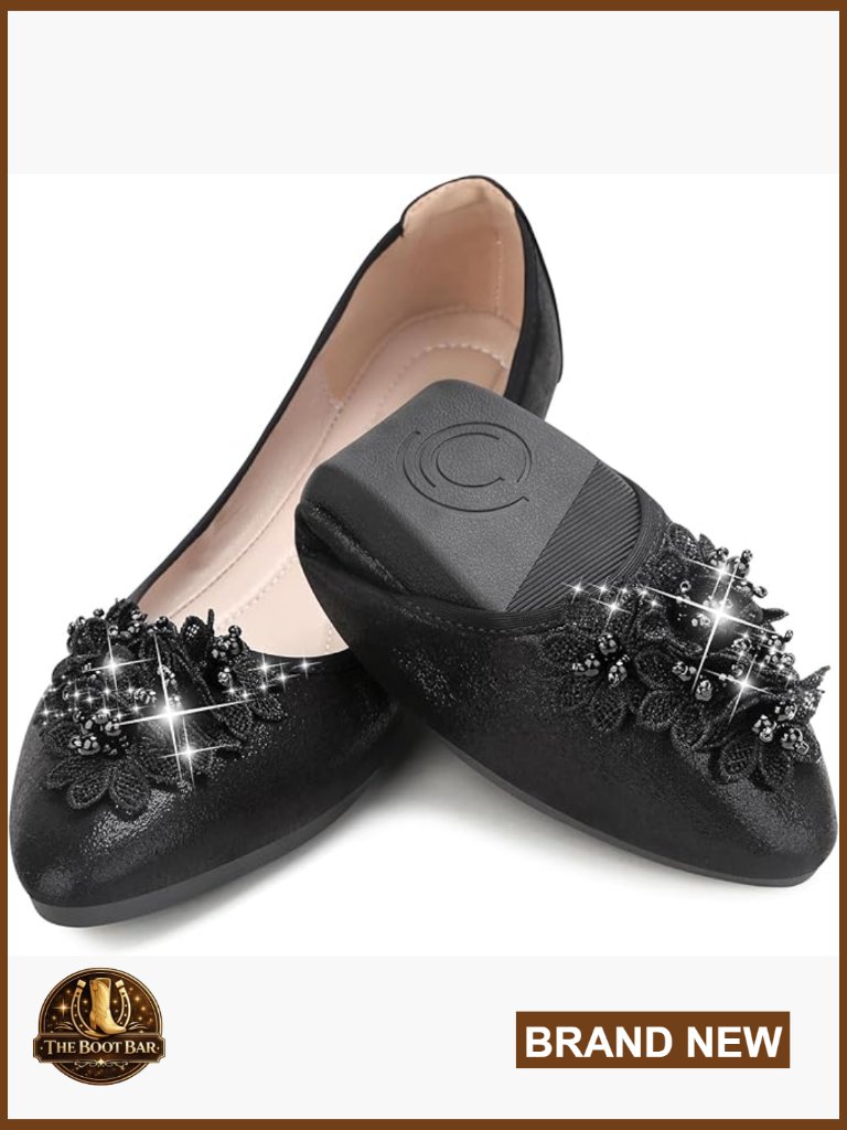 Foldable Ballet Flats With Rhinestone Flowers, Pointed Toe, Pu Leather, Slip On